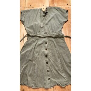 Quince 100% Lyocell Button Front Tie Waist Shirt Dress Olive Green Small